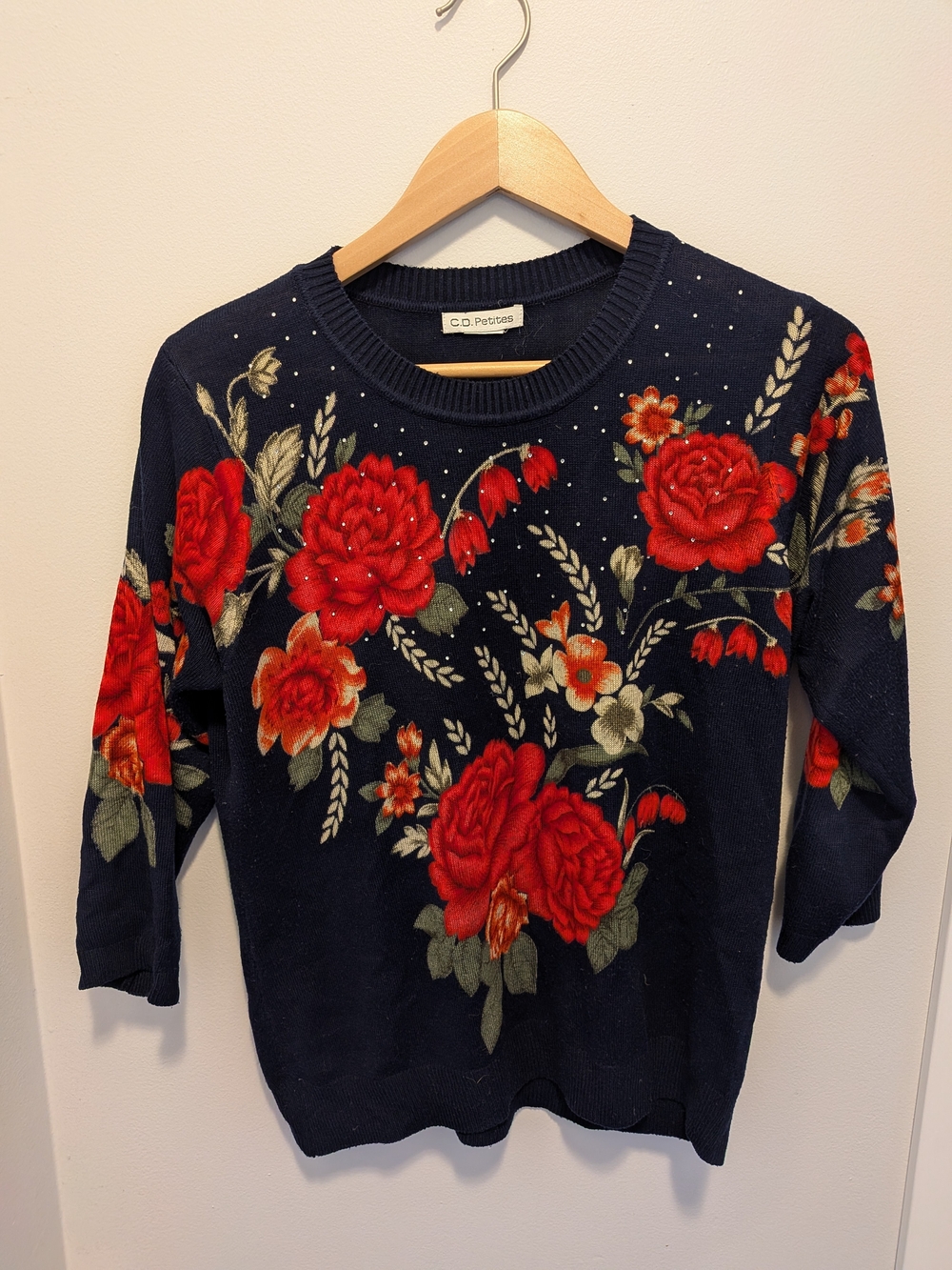 Navy Crewneck Sweater with Red Floral Embroidery